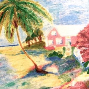 Hand Painted Canvas Wall Art.  House on the Beach colorful art. Great BeachTheme